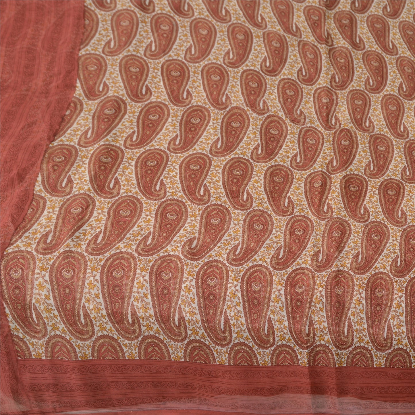 Sanskriti Vintage Sarees Ivory/Red Pure Chiffon Silk Print Sari 5yd Craft Fabric