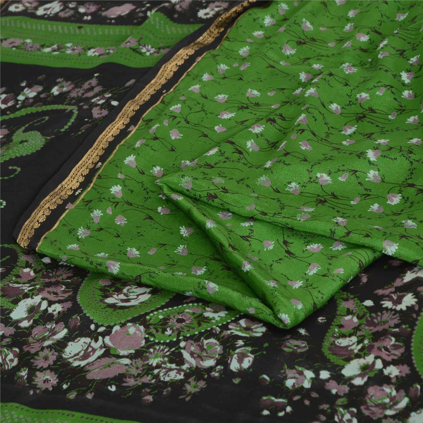 Sanskriti Vintage Sarees Green Zari Border Pure Silk Print Sari 5yd Craft Fabric