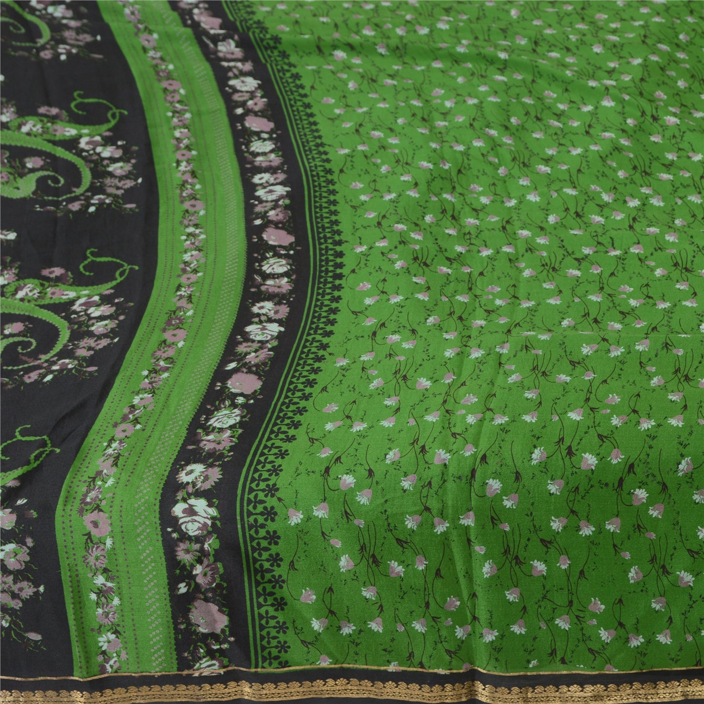 Sanskriti Vintage Sarees Green Zari Border Pure Silk Print Sari 5yd Craft Fabric