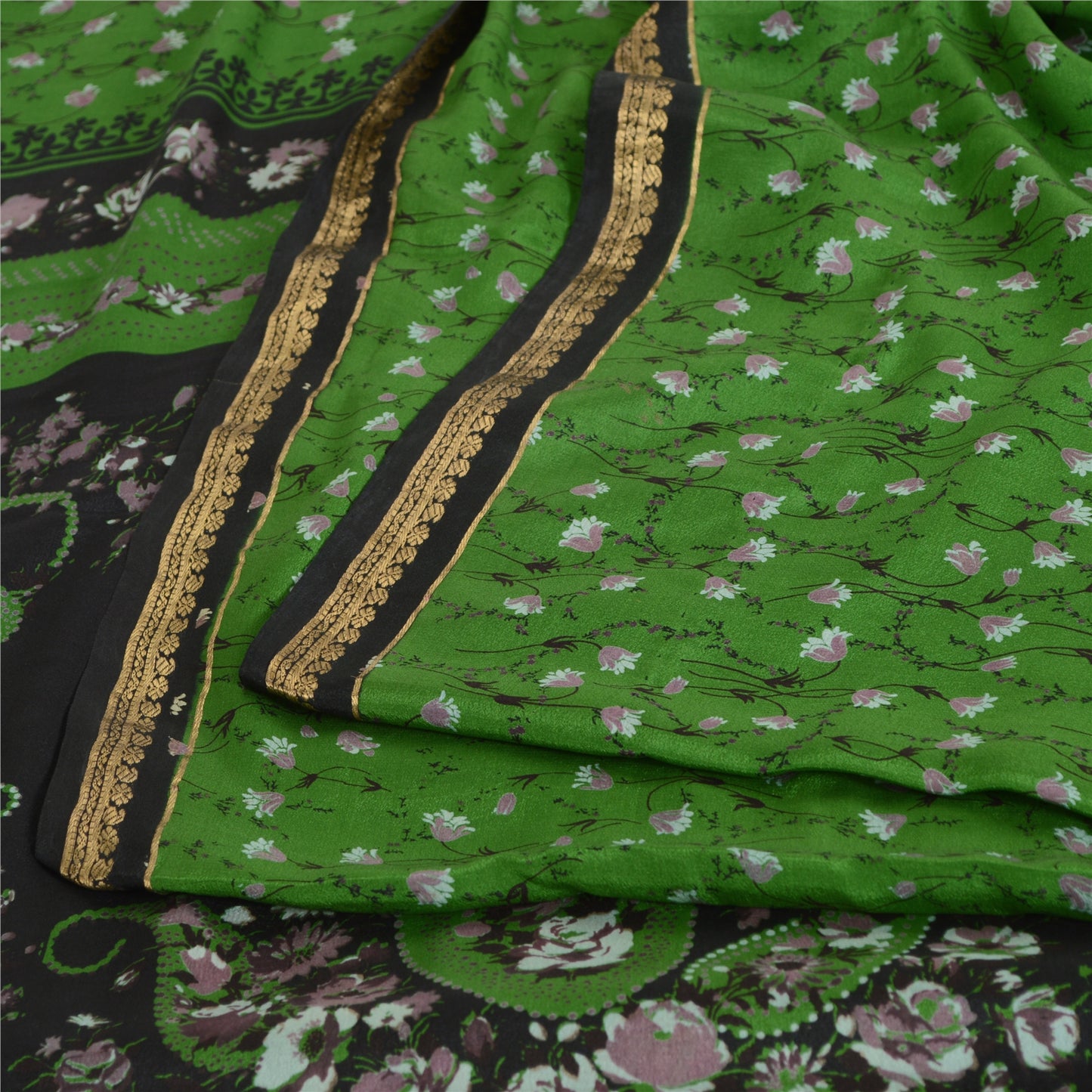 Sanskriti Vintage Sarees Green Zari Border Pure Silk Print Sari 5yd Craft Fabric