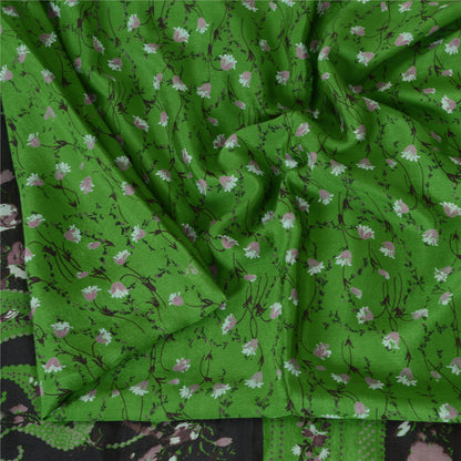 Sanskriti Vintage Sarees Green Zari Border Pure Silk Print Sari 5yd Craft Fabric