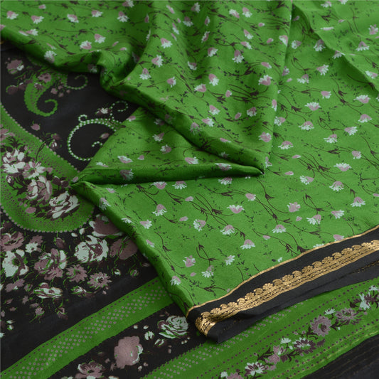 Sanskriti Vintage Sarees Green Zari Border Pure Silk Print Sari 5yd Craft Fabric