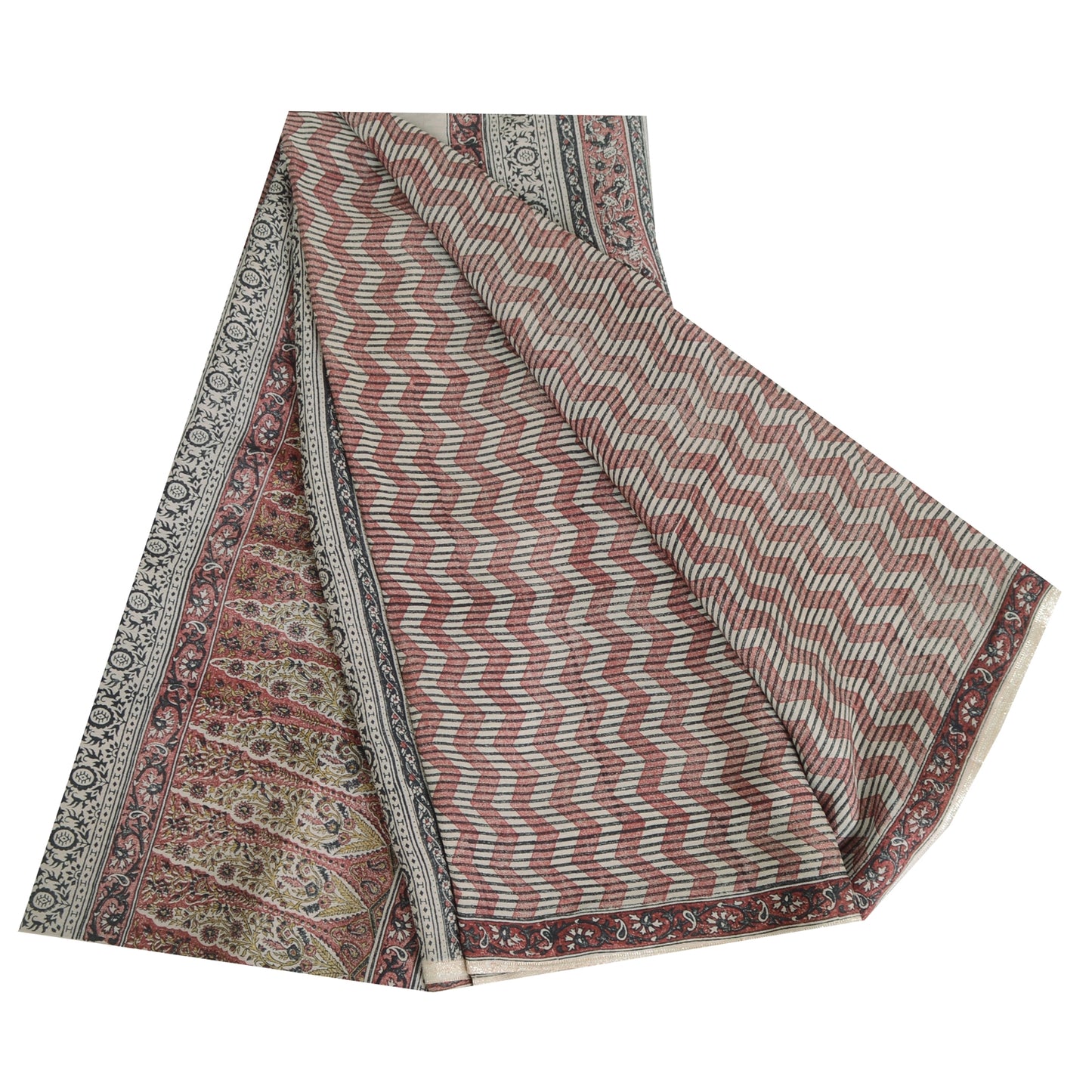 Sanskriti Vintage Sarees Cream/Red Pure Georgette Print Sari 6yd Craft Fabric