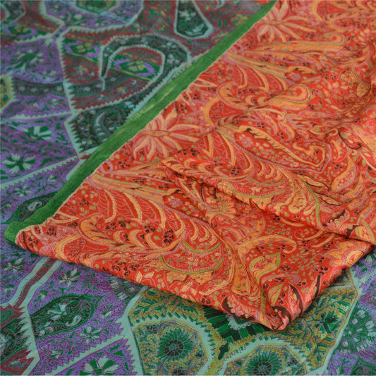 Sanskriti Vintage Sarees Red/Green 100% Pure Silk Printed Sari 5yd Craft Fabric