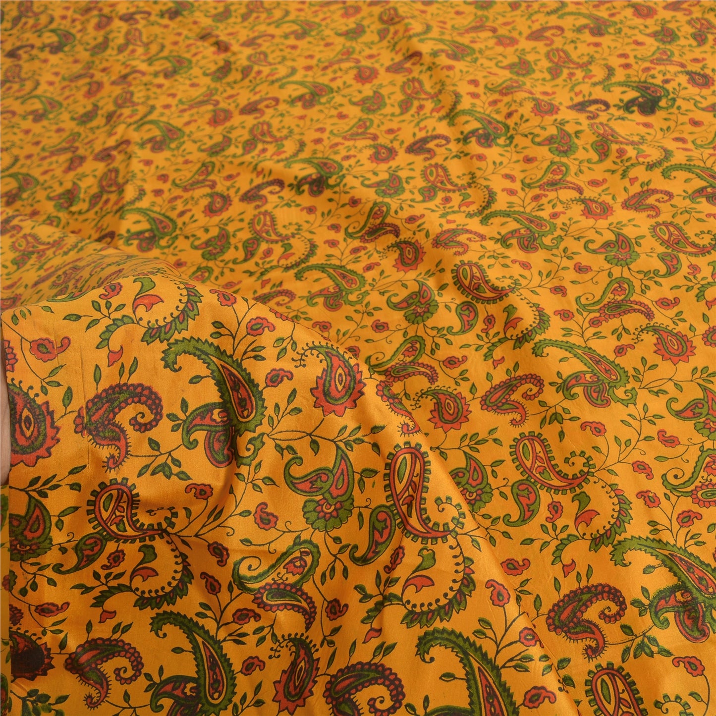 Sanskriti Vintage Sarees Yellow 100% Pure Silk Printed Sari 5yd Craft Fabric