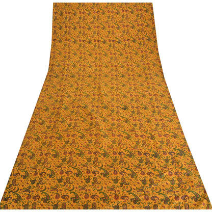 Sanskriti Vintage Sarees Yellow 100% Pure Silk Printed Sari 5yd Craft Fabric