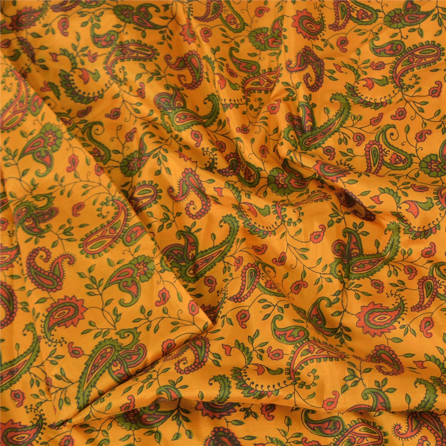 Sanskriti Vintage Sarees Yellow 100% Pure Silk Printed Sari 5yd Craft Fabric