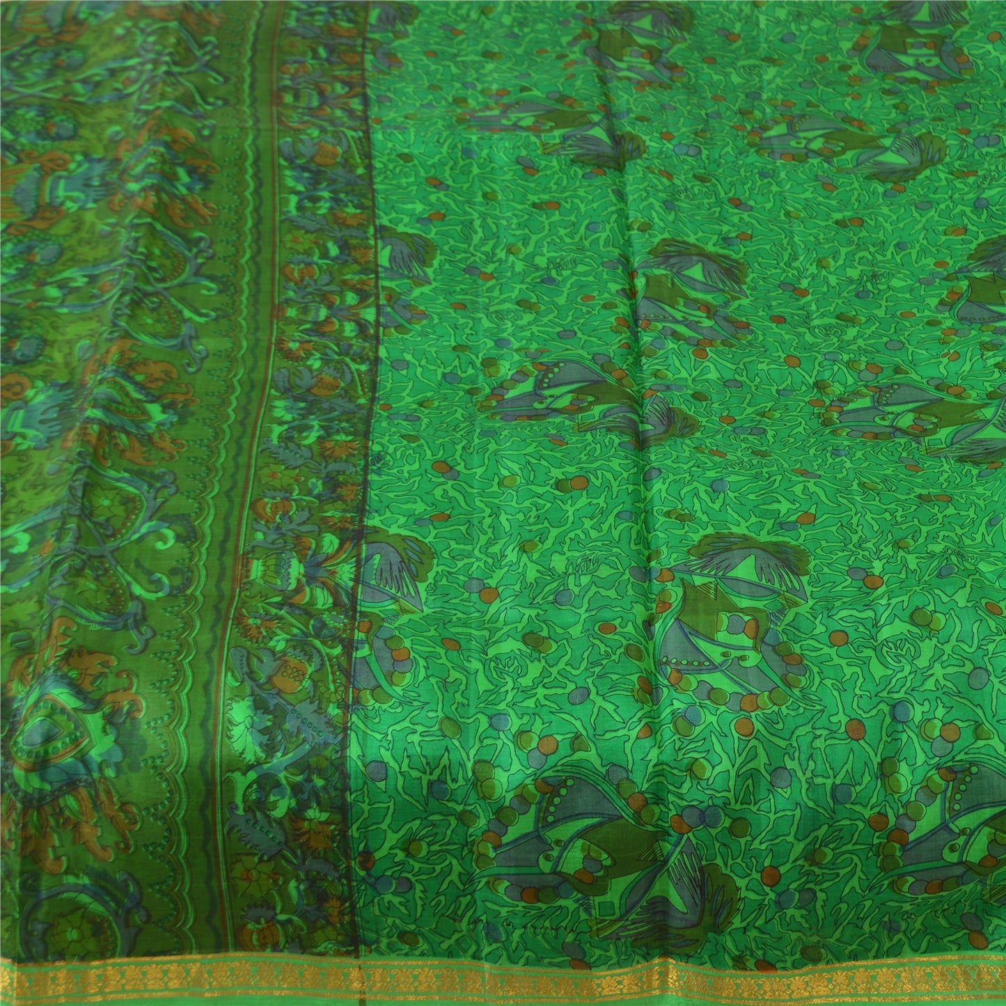 Sanskriti Vintage Sarees Green Zari Border Pure Silk Printed Sari Craft Fabric