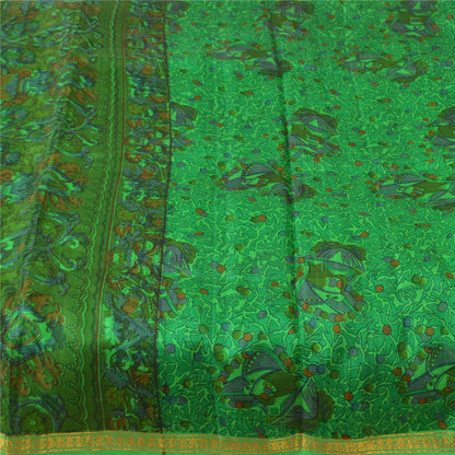 Sanskriti Vintage Sarees Green Zari Border Pure Silk Printed Sari Craft Fabric