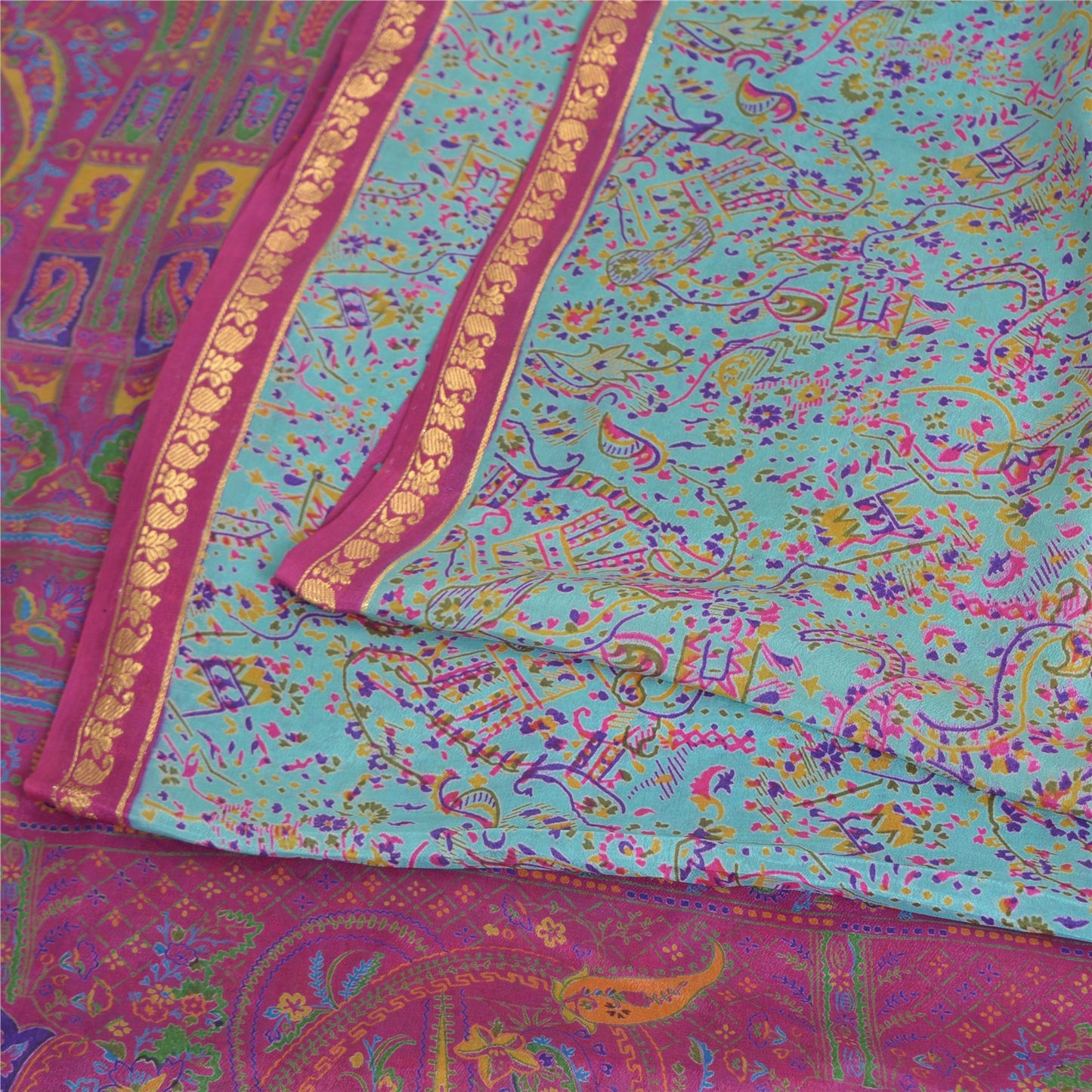 Sanskriti Vintage Sarees Quilting Felting Craft Fabric Blue/Pink Pure Silk Sari