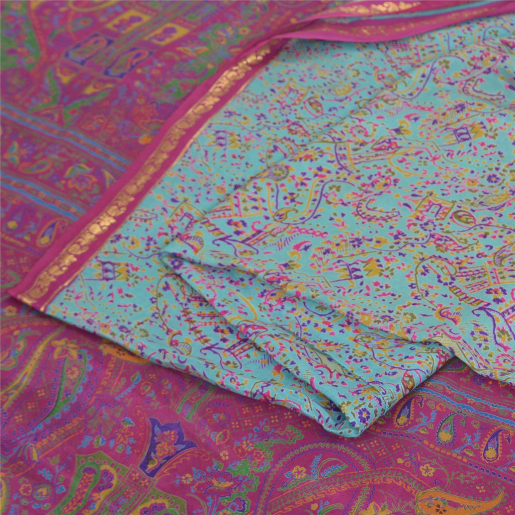 Sanskriti Vintage Sarees Quilting Felting Craft Fabric Blue/Pink Pure Silk Sari