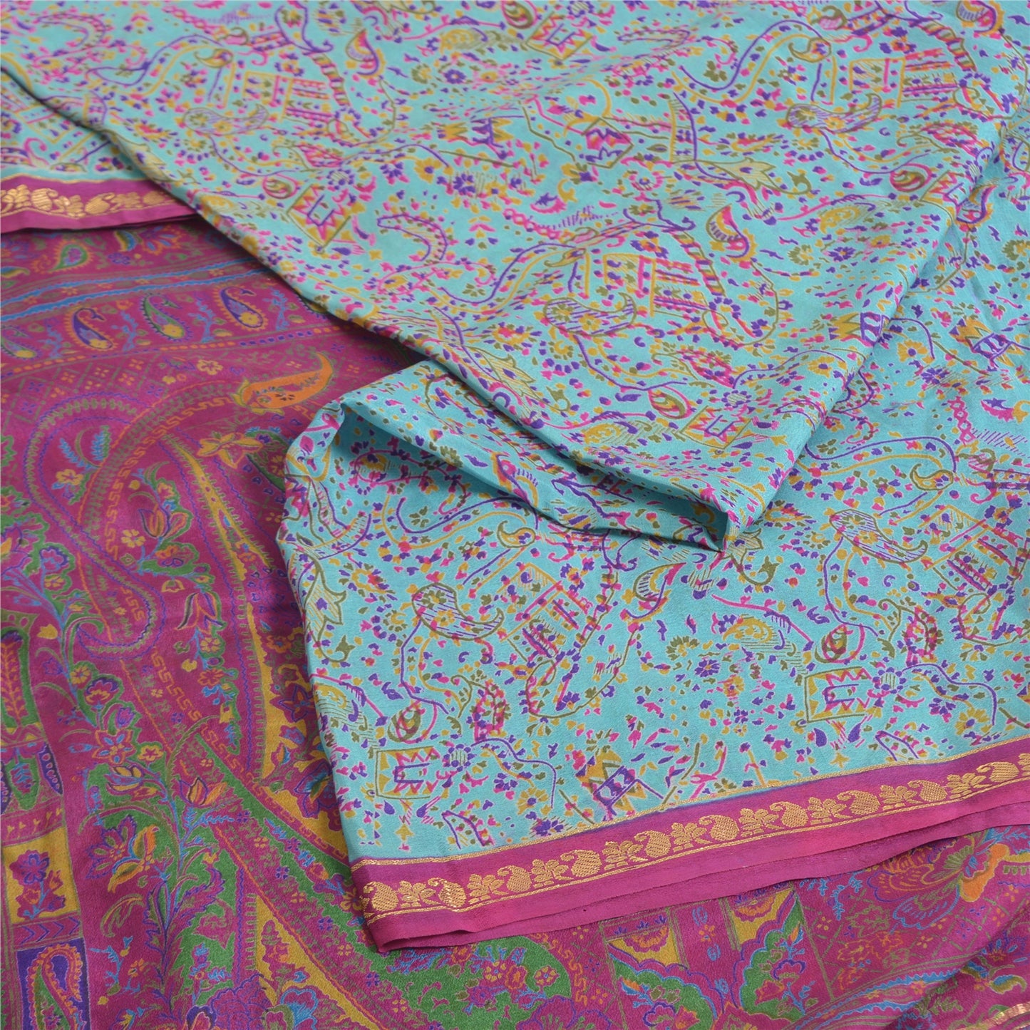 Sanskriti Vintage Sarees Quilting Felting Craft Fabric Blue/Pink Pure Silk Sari