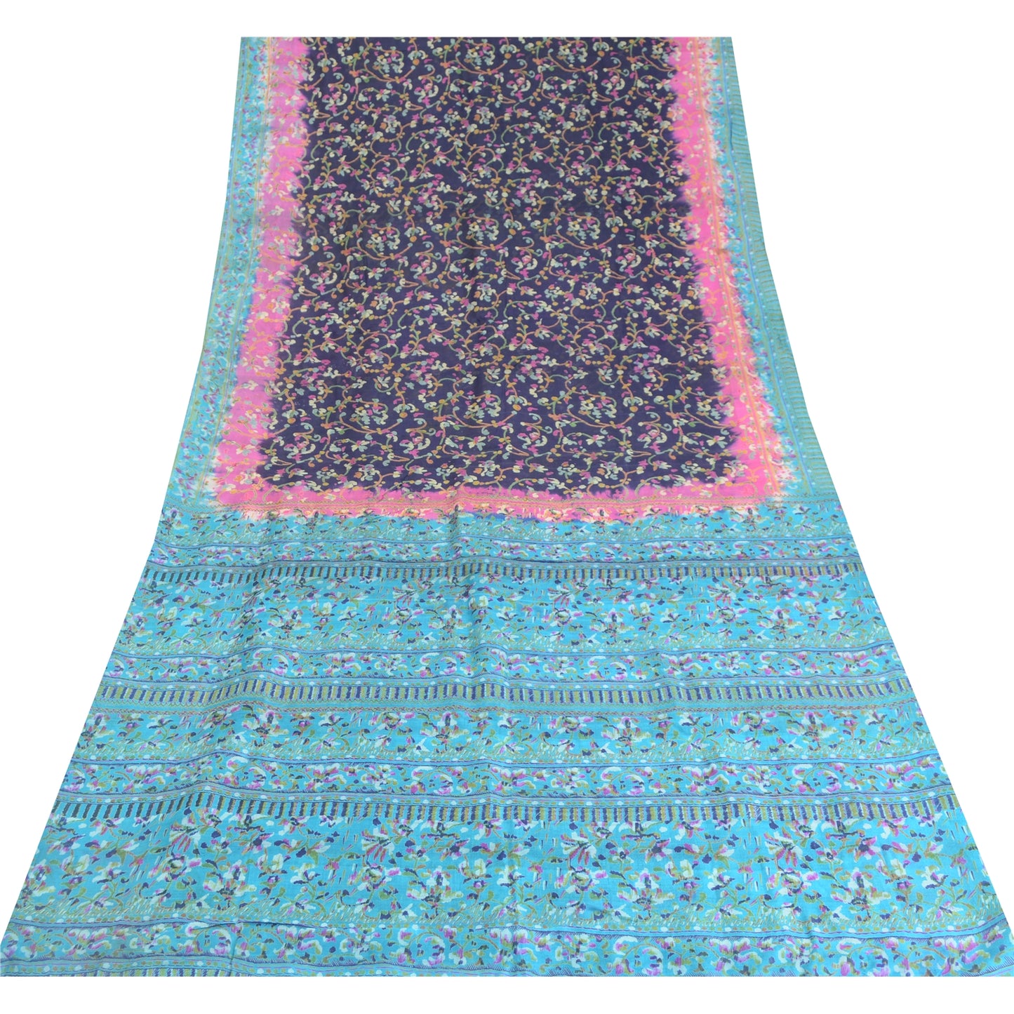 Sanskriti Vintage Sarees Blue From India Pure Silk Printed Sari 5yd Craft Fabric