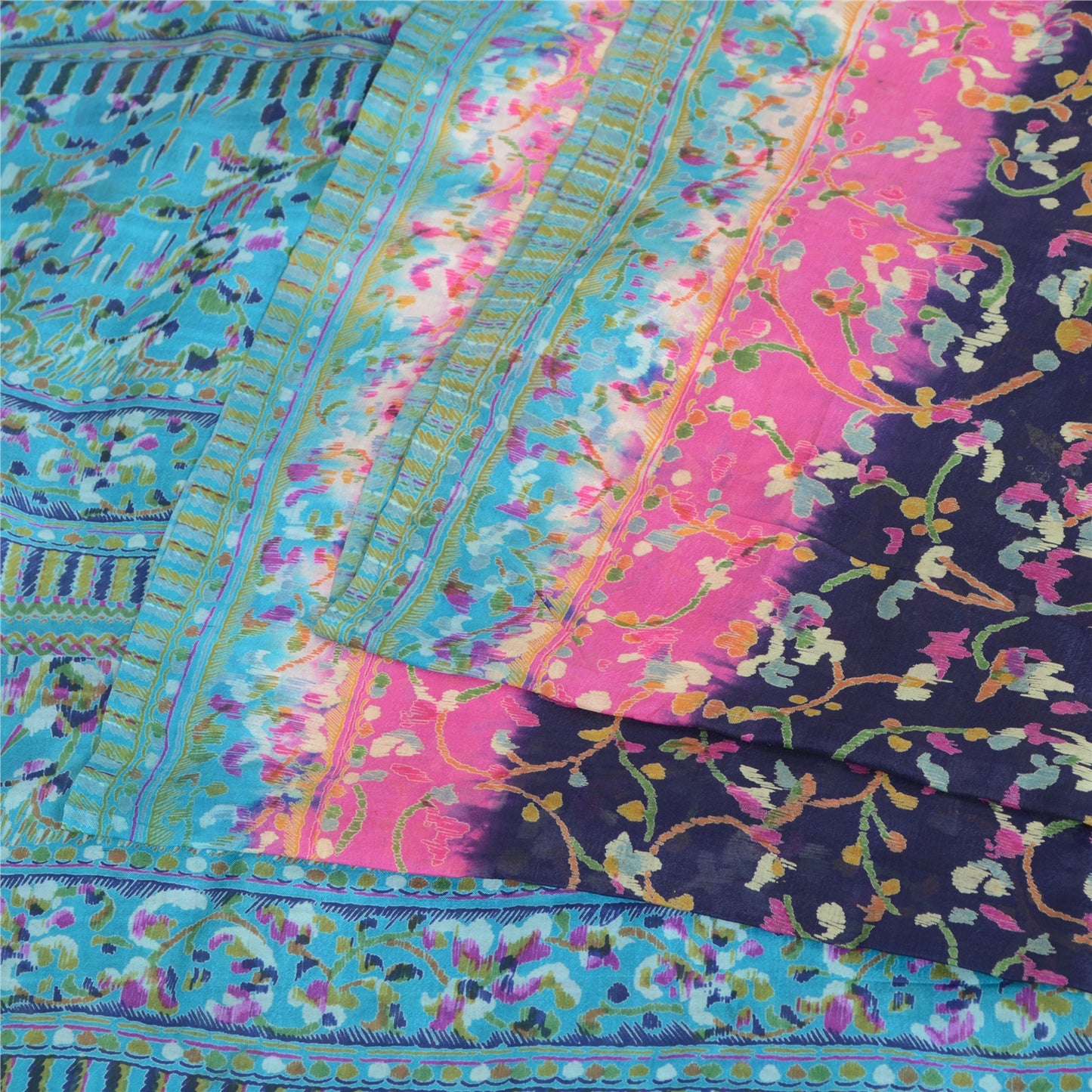 Sanskriti Vintage Sarees Blue From India Pure Silk Printed Sari 5yd Craft Fabric