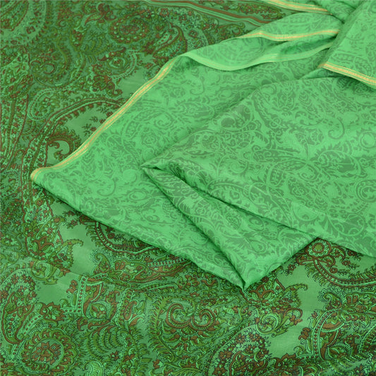 Sanskriti Vintage Sarees Green 100% Pure Silk Printed Sari 5yd Craft Fabric