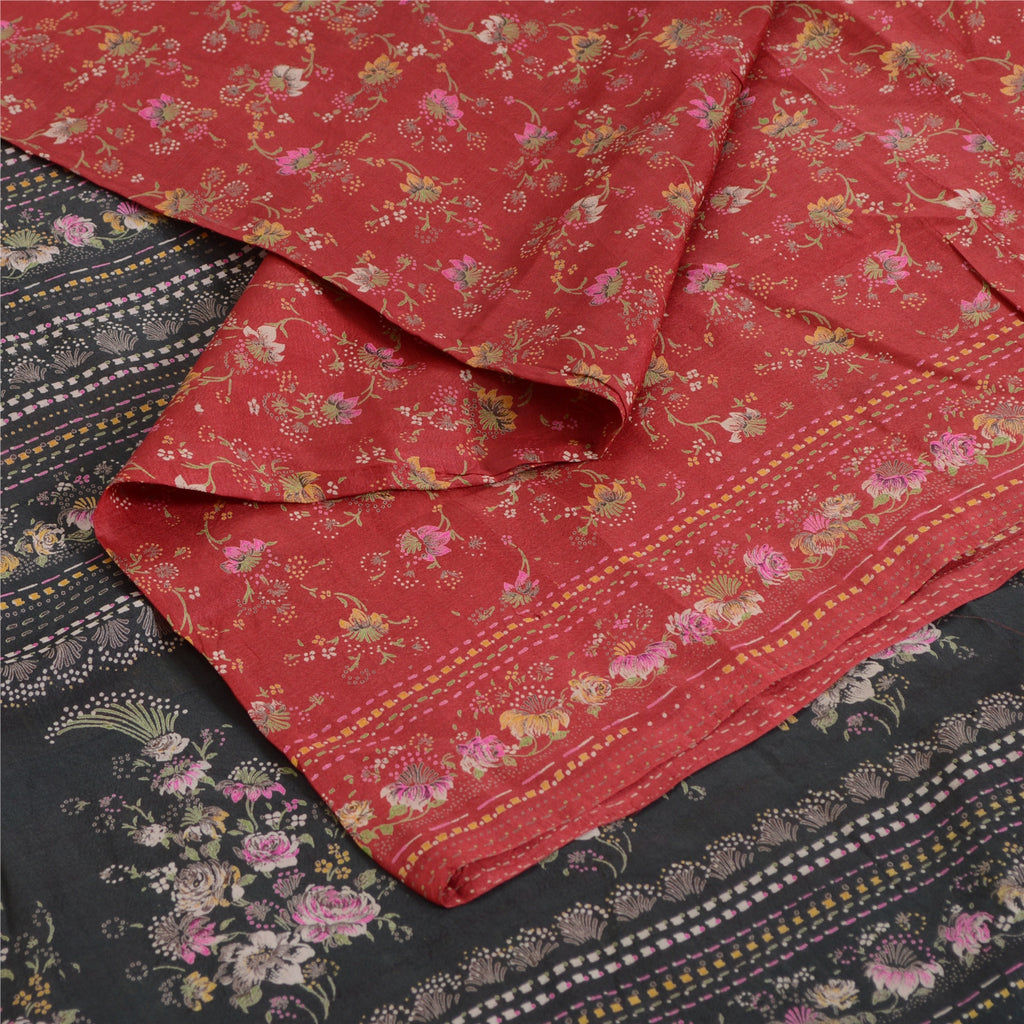 Sanskriti Vintage Sarees Red Quilting Felting Craft Fabric Pure Silk Print Sari