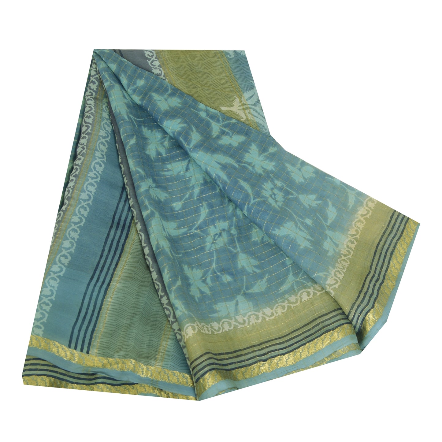 Sanskriti Vintage Sarees Blue Pure Georgette Zari Border Printed Sari 5yd Fabric