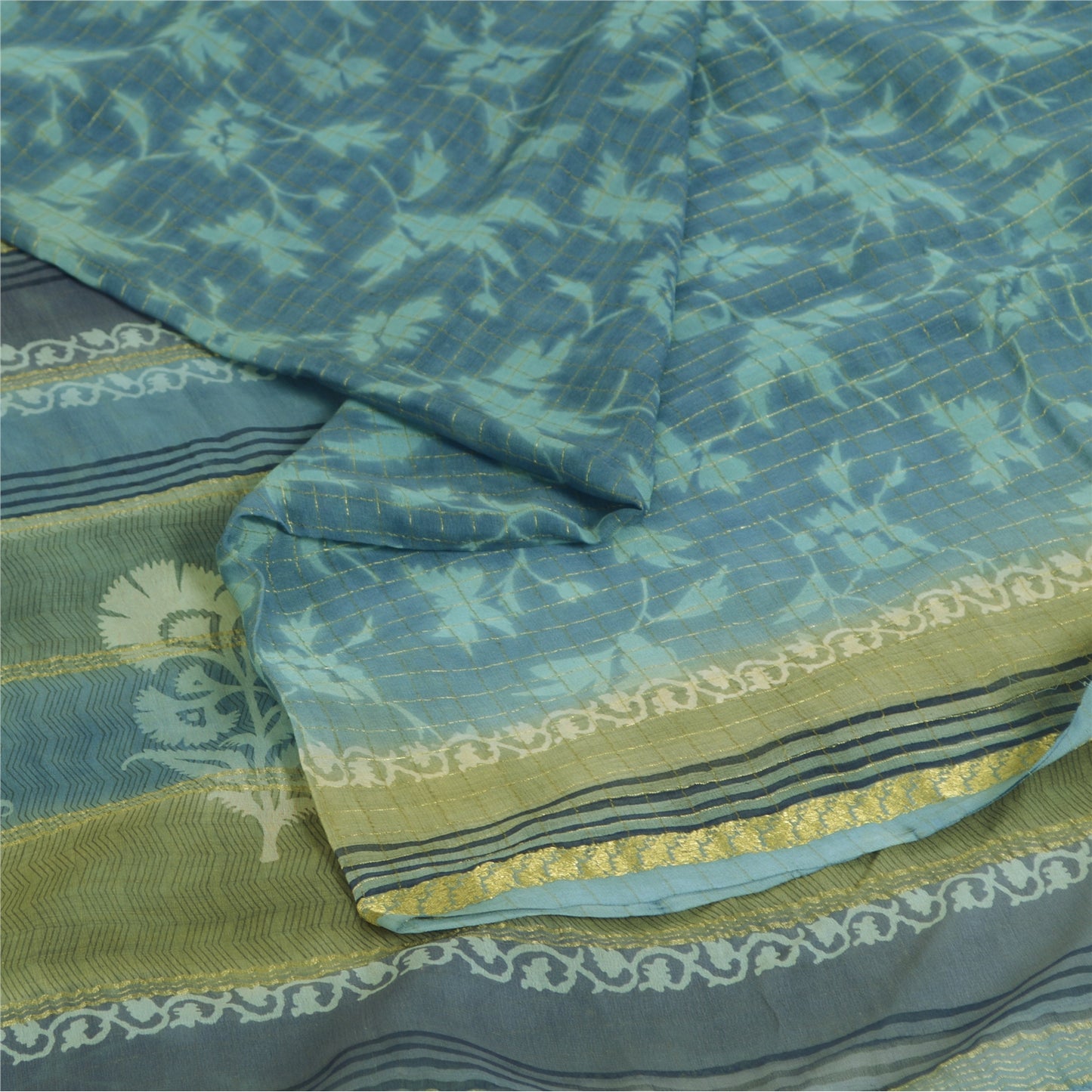 Sanskriti Vintage Sarees Blue Pure Georgette Zari Border Printed Sari 5yd Fabric