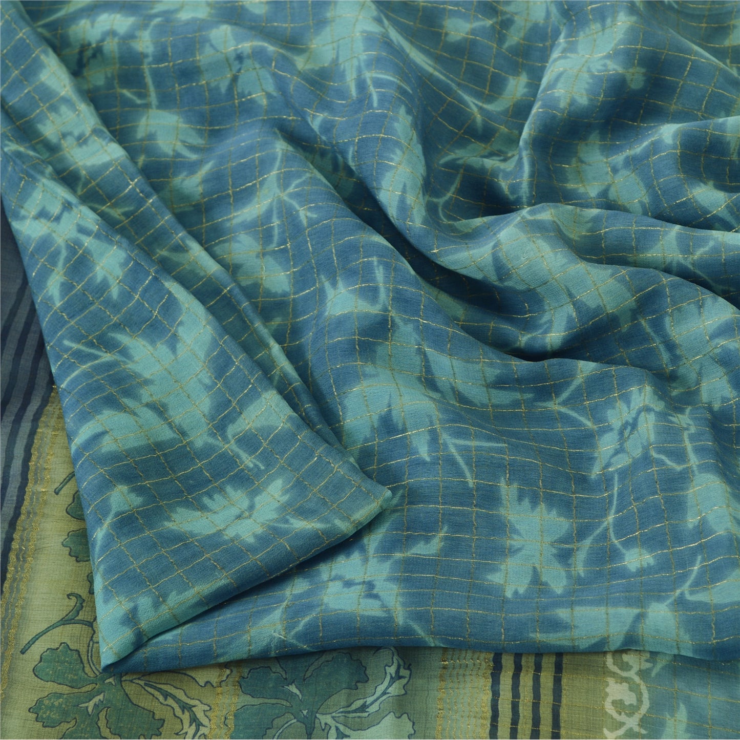 Sanskriti Vintage Sarees Blue Pure Georgette Zari Border Printed Sari 5yd Fabric