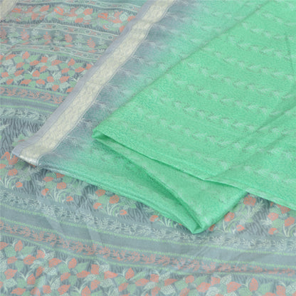 Sanskriti Vintage Sarees Indian Green Pure Silk Printed Sari 5yd Craft Fabric