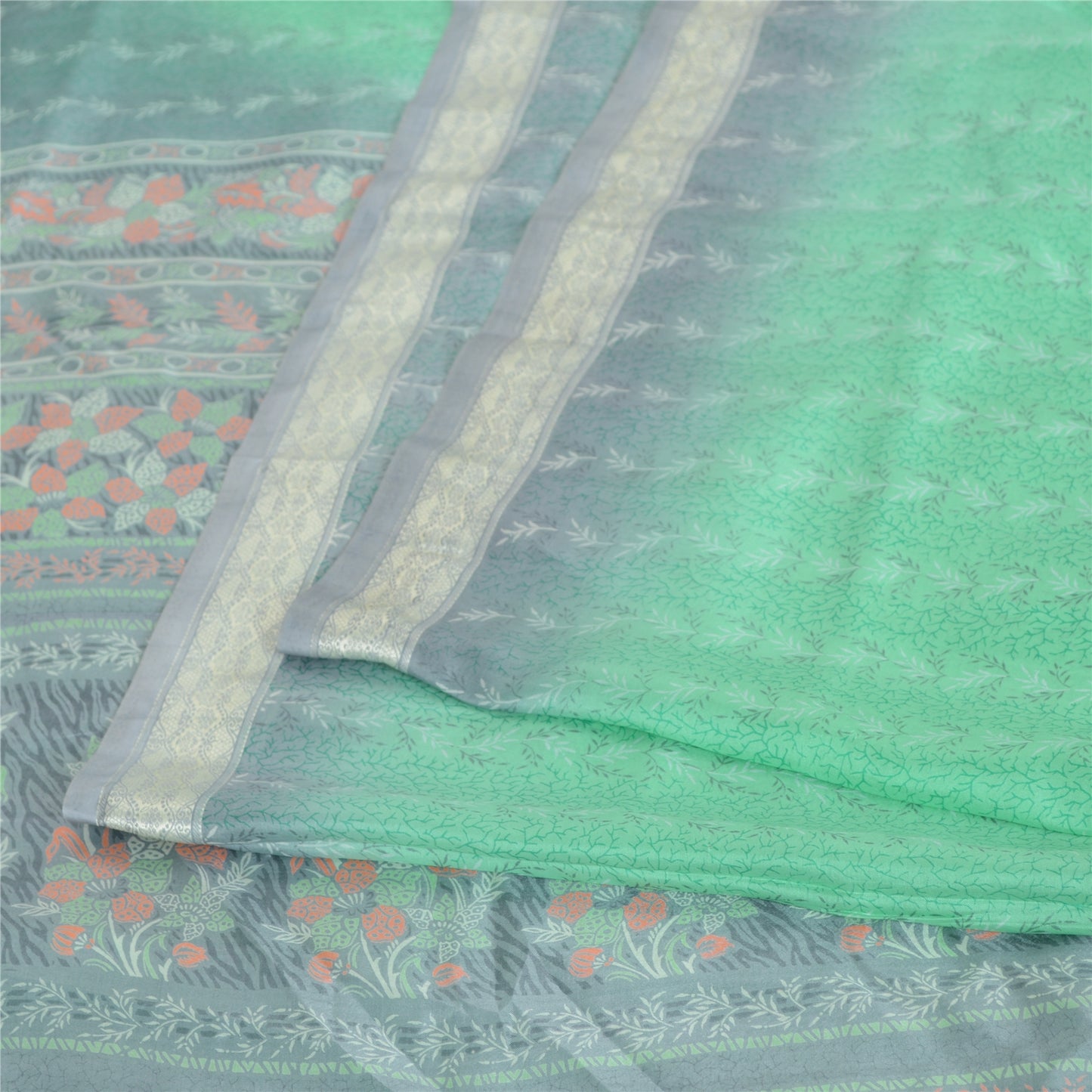 Sanskriti Vintage Sarees Indian Green Pure Silk Printed Sari 5yd Craft Fabric