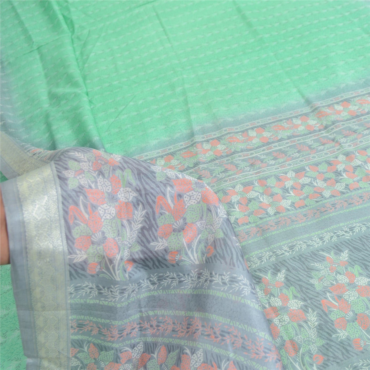 Sanskriti Vintage Sarees Indian Green Pure Silk Printed Sari 5yd Craft Fabric