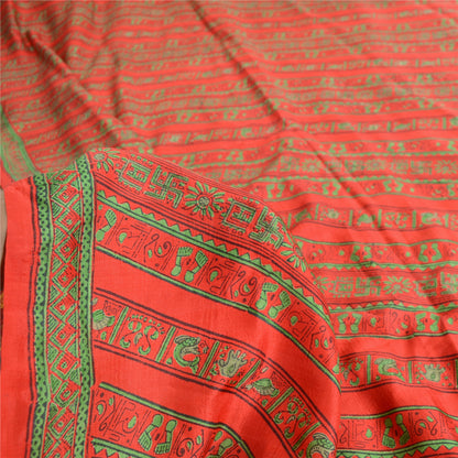 Sanskriti Vintage Sarees Red/Green Pure Silk Printed Sari 5yd Craft Fabric