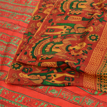 Sanskriti Vintage Sarees Red/Green Pure Silk Printed Sari 5yd Craft Fabric