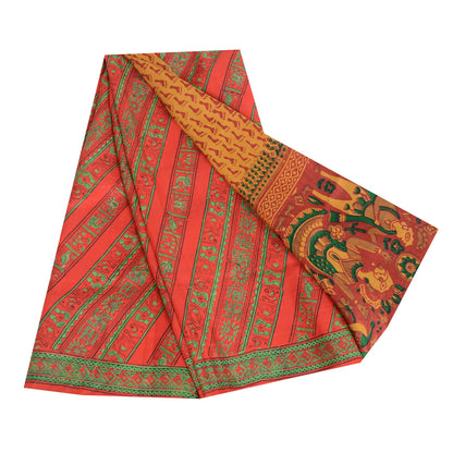 Sanskriti Vintage Sarees Red/Green Pure Silk Printed Sari 5yd Craft Fabric