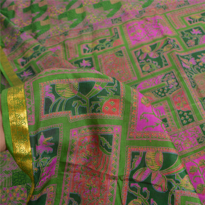 Sanskriti Vintage Sarees Green/Pink Zari Border Pure Silk Print Sari 5yd Fabric