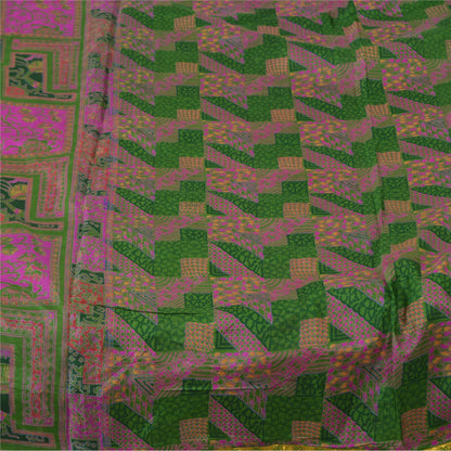 Sanskriti Vintage Sarees Green/Pink Zari Border Pure Silk Print Sari 5yd Fabric