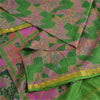 Sanskriti Vintage Sarees Green/Pink Zari Border Pure Silk Print Sari 5yd Fabric