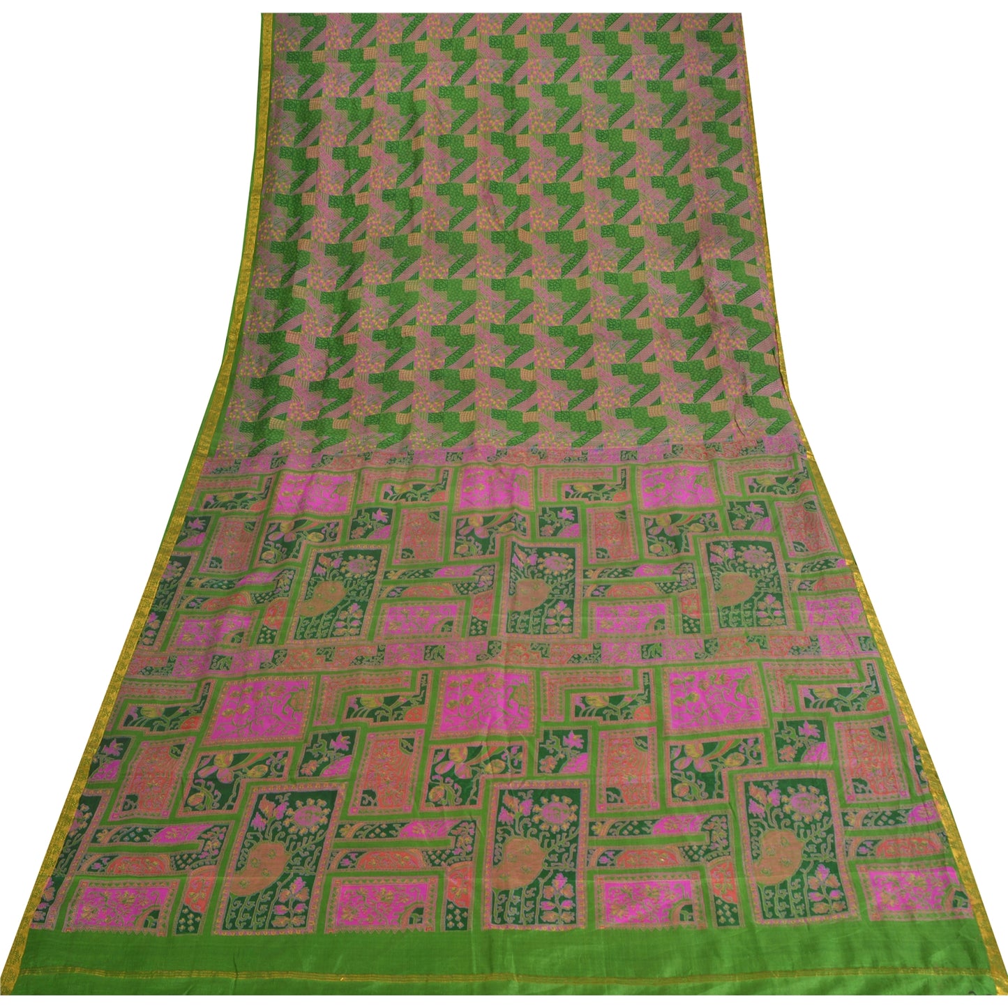 Sanskriti Vintage Sarees Green/Pink Zari Border Pure Silk Print Sari 5yd Fabric