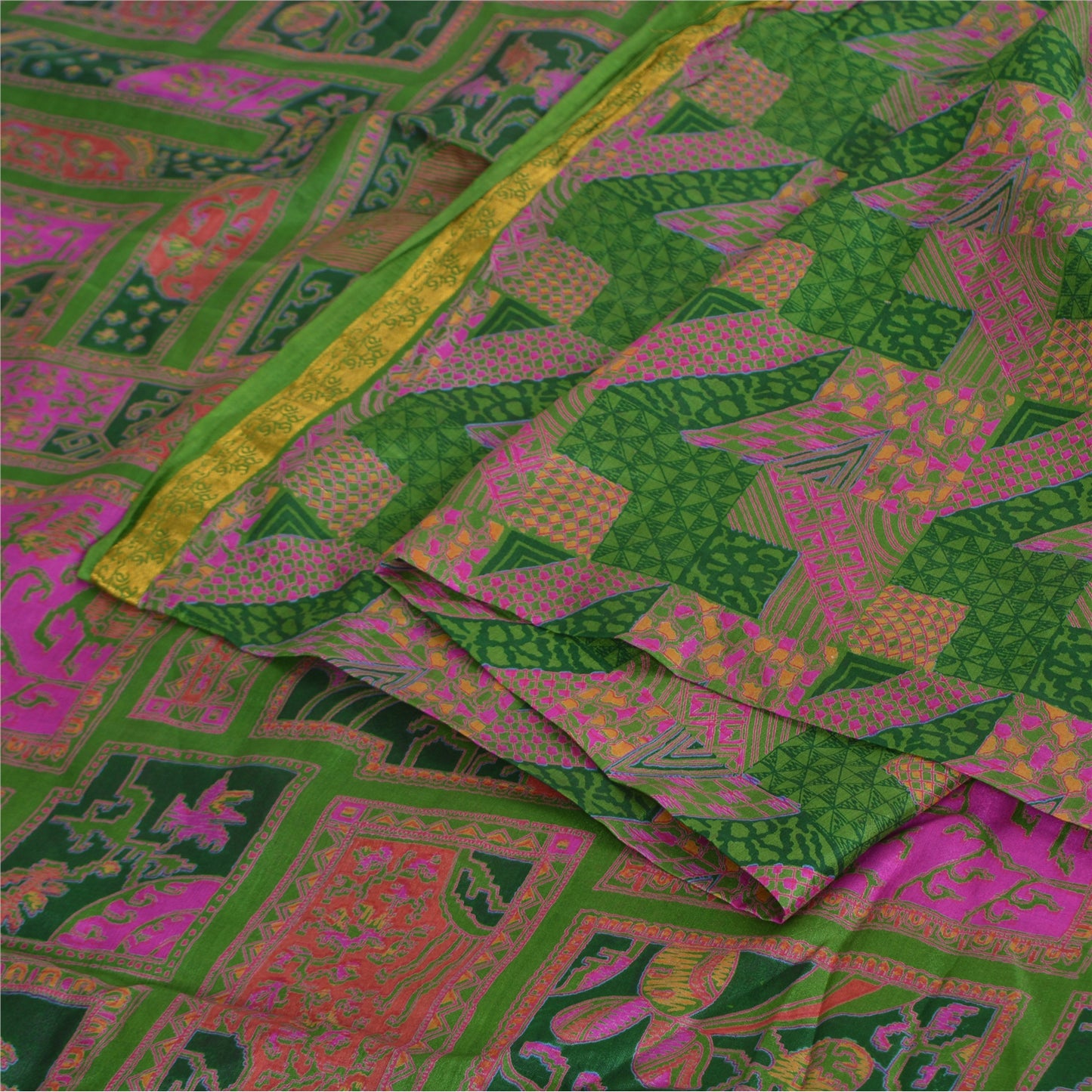 Sanskriti Vintage Sarees Green/Pink Zari Border Pure Silk Print Sari 5yd Fabric