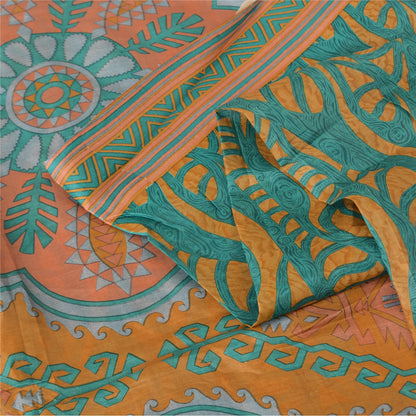 Sanskriti Vintage Sarees Green/Yellow Pure Silk Printed Sari 5yd Craft Fabric