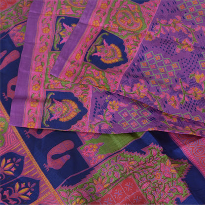 Sanskriti Vintage Sarees Purple 100% Pure Silk Printed Sari 5yd Craft Fabric