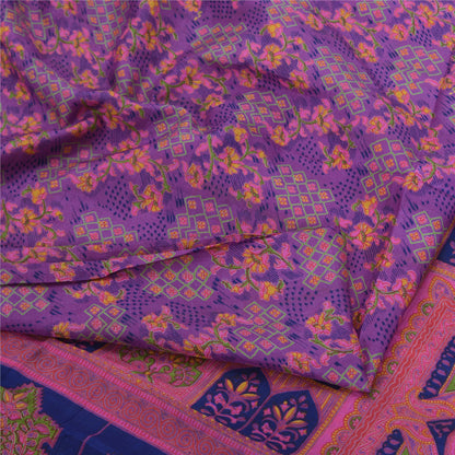 Sanskriti Vintage Sarees Purple 100% Pure Silk Printed Sari 5yd Craft Fabric