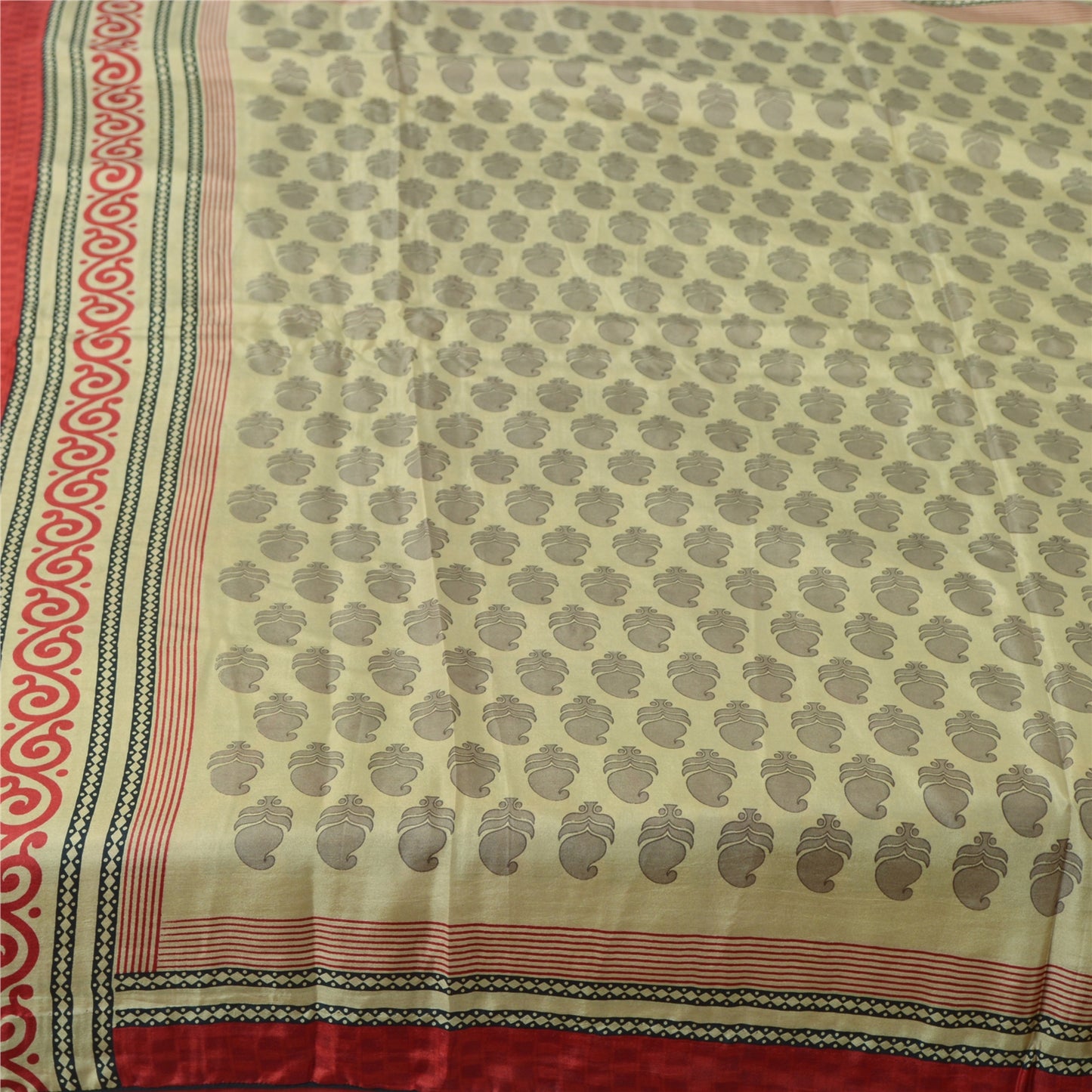 Sanskriti Vintage Sarees Cream Block Printed Pure Silk Sari Floral Craft Fabric