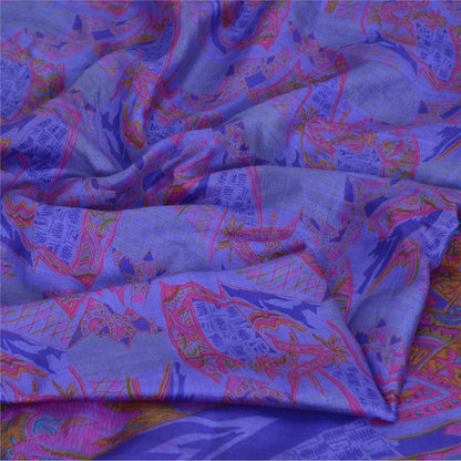 Sanskriti Vintage Sarees Purple Zari Border Pure Silk Printed Sari Craft Fabric