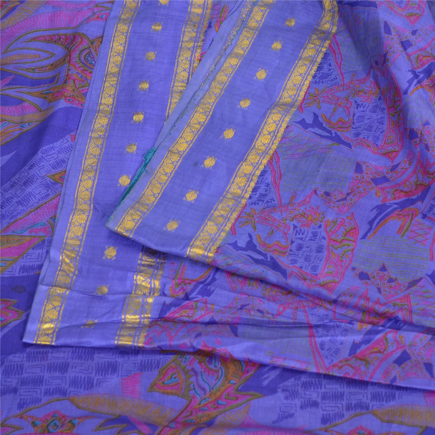 Sanskriti Vintage Sarees Purple Zari Border Pure Silk Printed Sari Craft Fabric