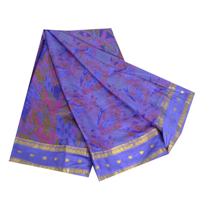 Sanskriti Vintage Sarees Purple Zari Border Pure Silk Printed Sari Craft Fabric