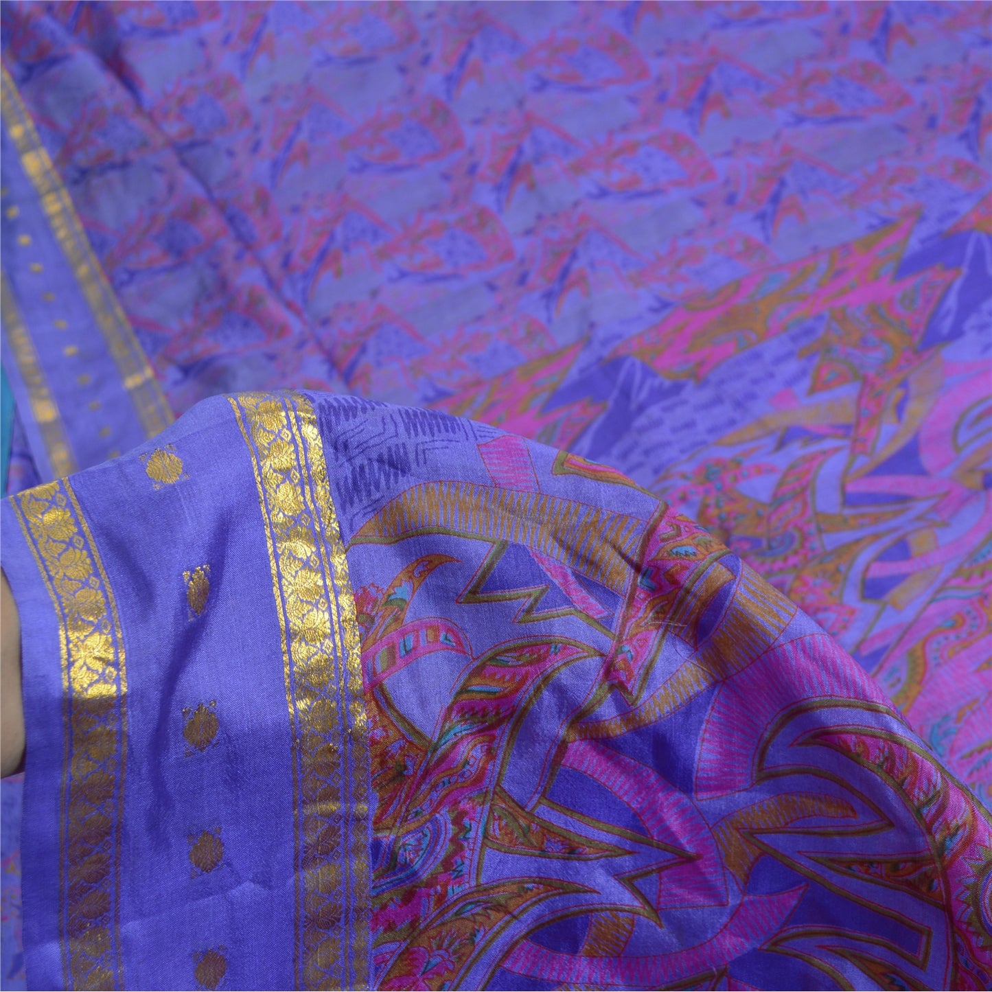 Sanskriti Vintage Sarees Purple Zari Border Pure Silk Printed Sari Craft Fabric