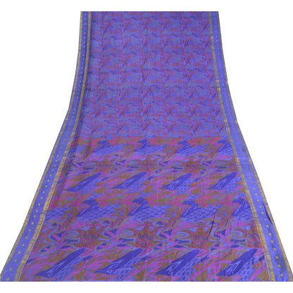 Sanskriti Vintage Sarees Purple Zari Border Pure Silk Printed Sari Craft Fabric