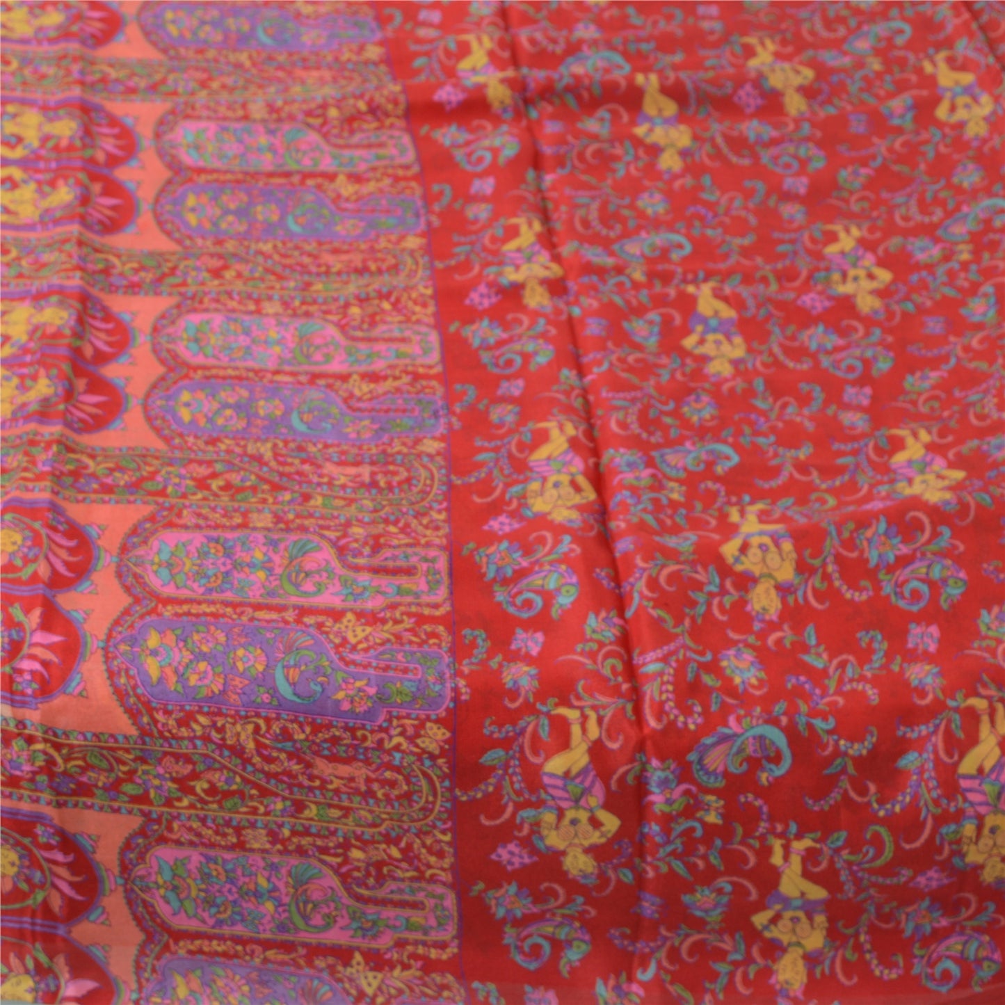 Sanskriti Vintage Sarees Red Women Printed 100% Pure Silk Sari 5yd Craft Fabric