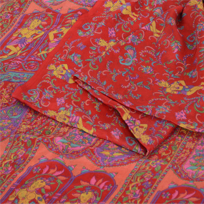 Sanskriti Vintage Sarees Red Women Printed 100% Pure Silk Sari 5yd Craft Fabric