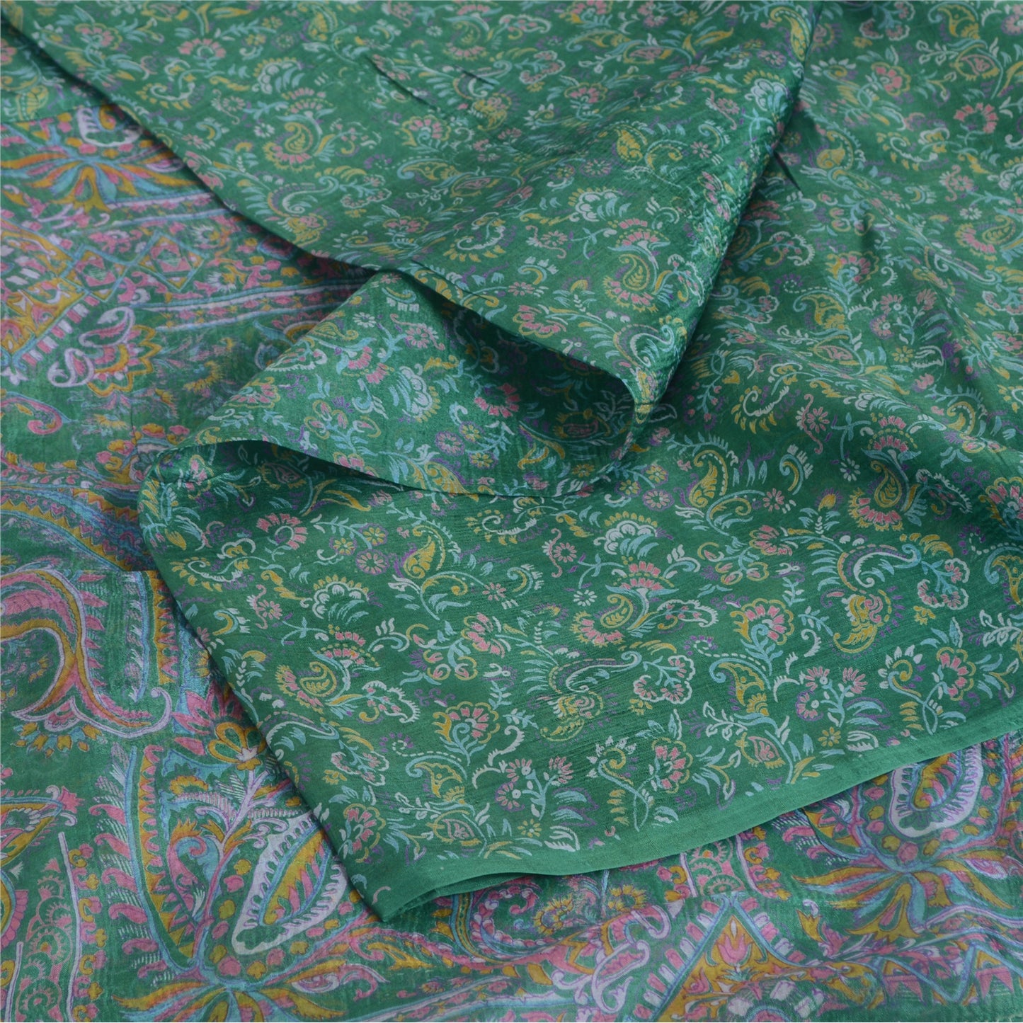 Sanskriti Vintage Sarees Green Pure Silk Printed Sari 5yd Floral Craft Fabric