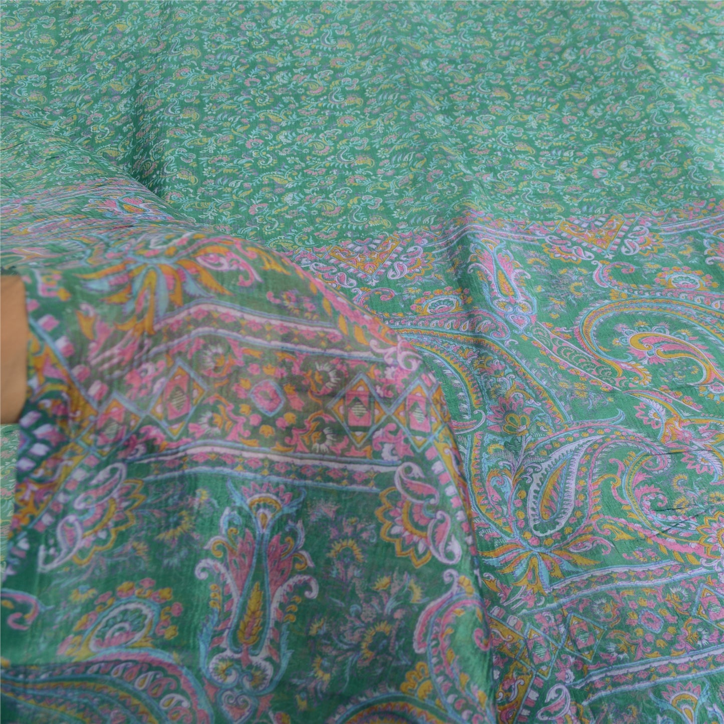 Sanskriti Vintage Sarees Green Pure Silk Printed Sari 5yd Floral Craft Fabric