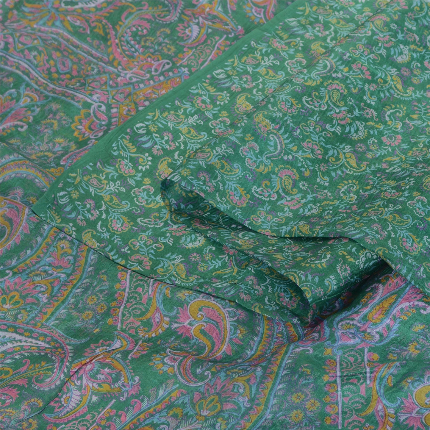 Sanskriti Vintage Sarees Green Pure Silk Printed Sari 5yd Floral Craft Fabric