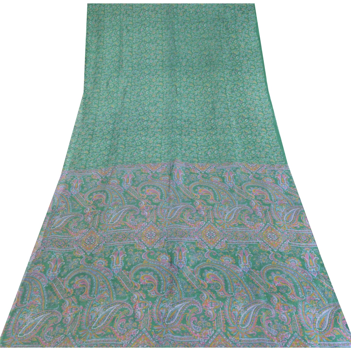 Sanskriti Vintage Sarees Green Pure Silk Printed Sari 5yd Floral Craft Fabric