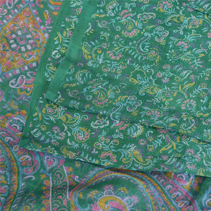 Sanskriti Vintage Sarees Green Pure Silk Printed Sari 5yd Floral Craft Fabric